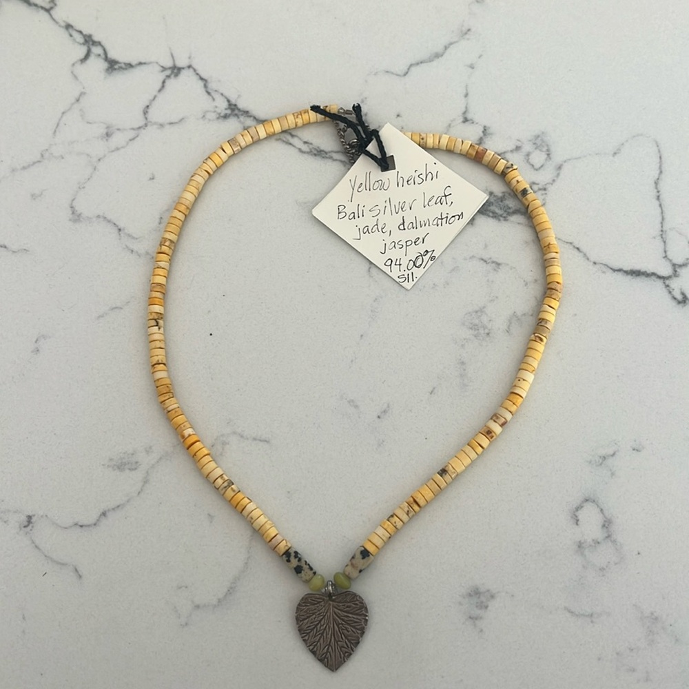 yellow heishi beads, Bali silver leaf, jade, Dalmatian jasper necklace